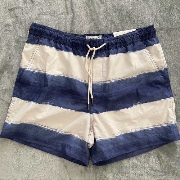 American Eagle Above the Knee Swim Trunks Blue Painted Stripes Size Medium New - Picture 1 of 7